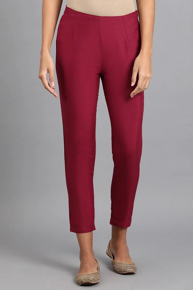 Wine Cotton Trouser For Women, Solid Regular Fit