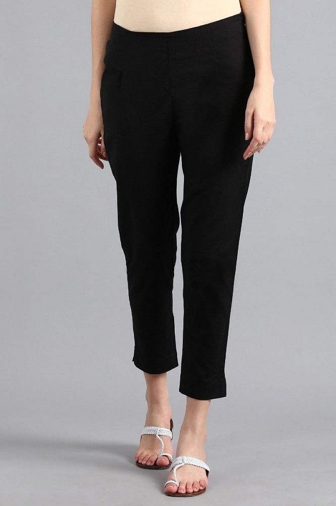 Buy MADAME Black Solid Cotton Tapered Fit Women's Trousers | Shoppers Stop