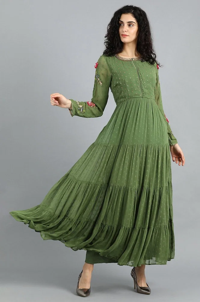 Green Round Neck Flared Dress