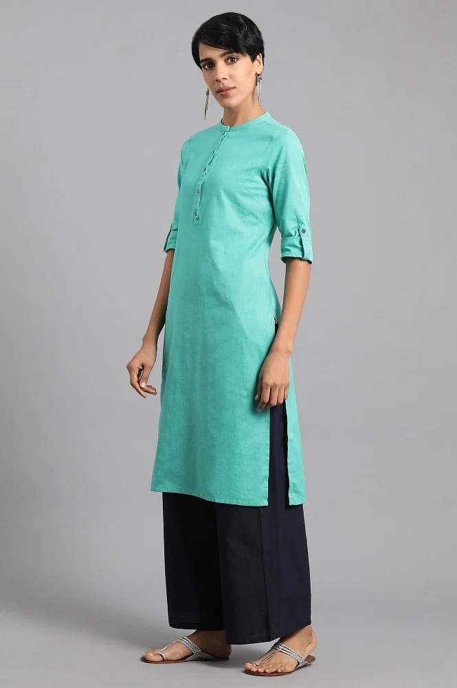 Buy AASI Green Womens Pastel Green Printed Panelled Khadi Kurta With  Madarin Collar And Front Placket