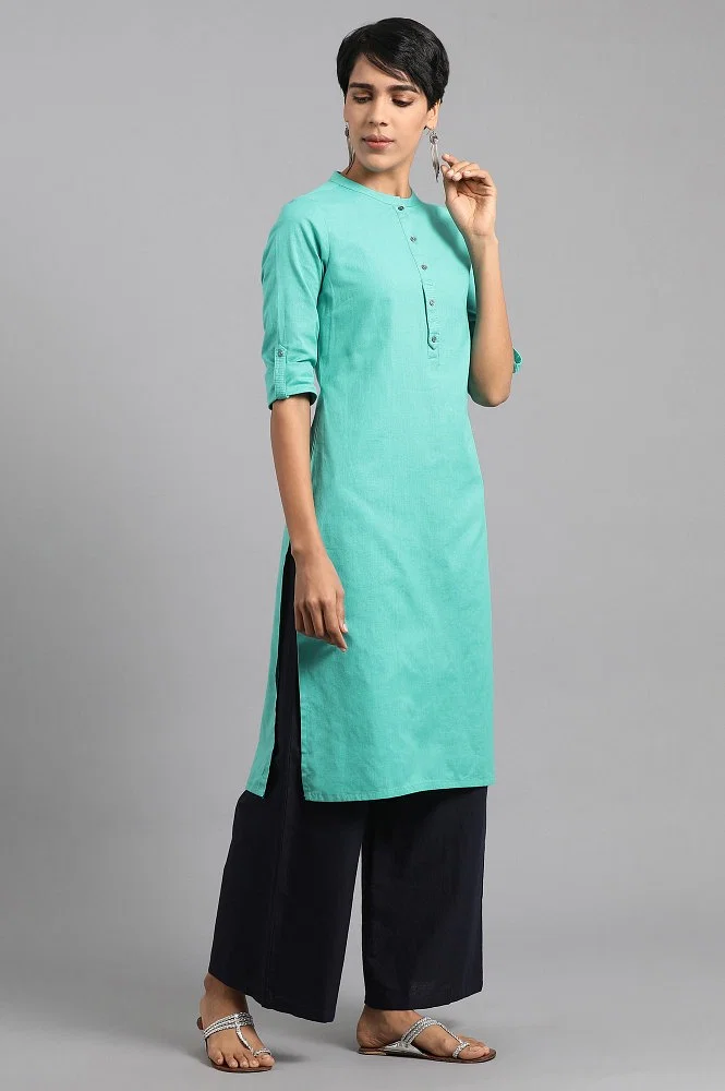 Buy AASI Green Womens Pastel Green Printed Panelled Khadi Kurta With  Madarin Collar And Front Placket