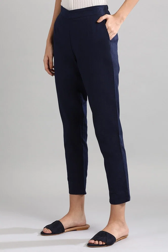 Buy Blue Cotton Lycra Pintuck Trousers Online - Aurelia
