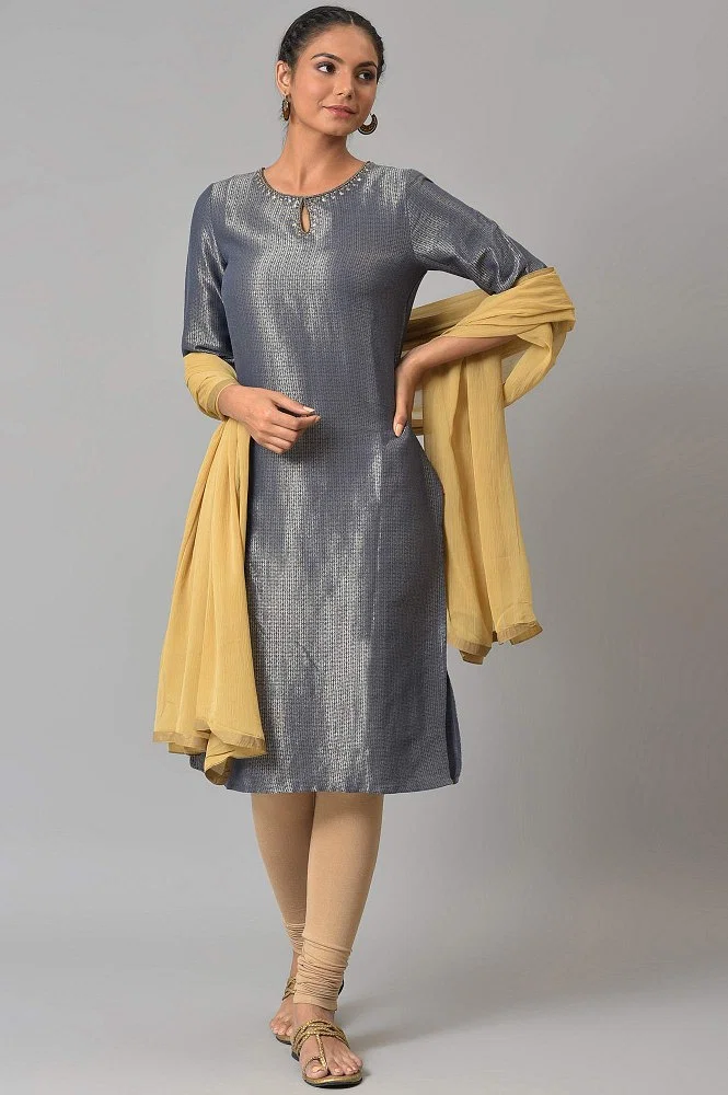 Buy Blue Cotton Zari Jacquard Kurta With Golden Churidar And Dupatta Online  - W for Woman