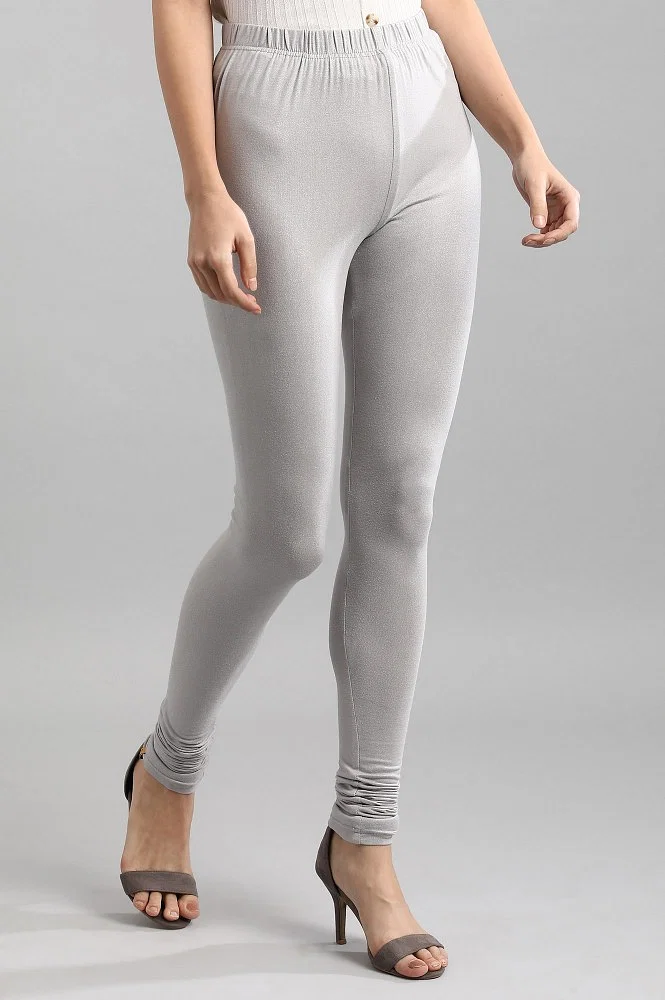 Women Silver Nylon Shimmer Churidar Leggings