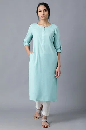 Buy Indigo Thread Embroidered Rayon Kurta Online - W for Woman