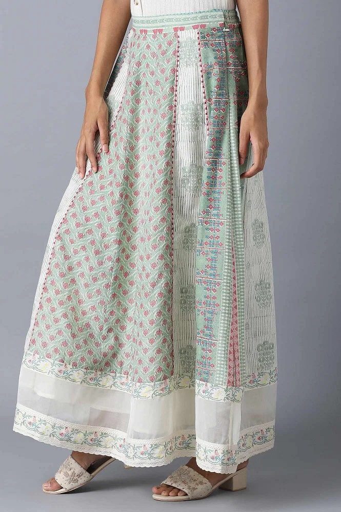 Buy Pastel Green Print Mix Panelled Skirt Online - W for Woman