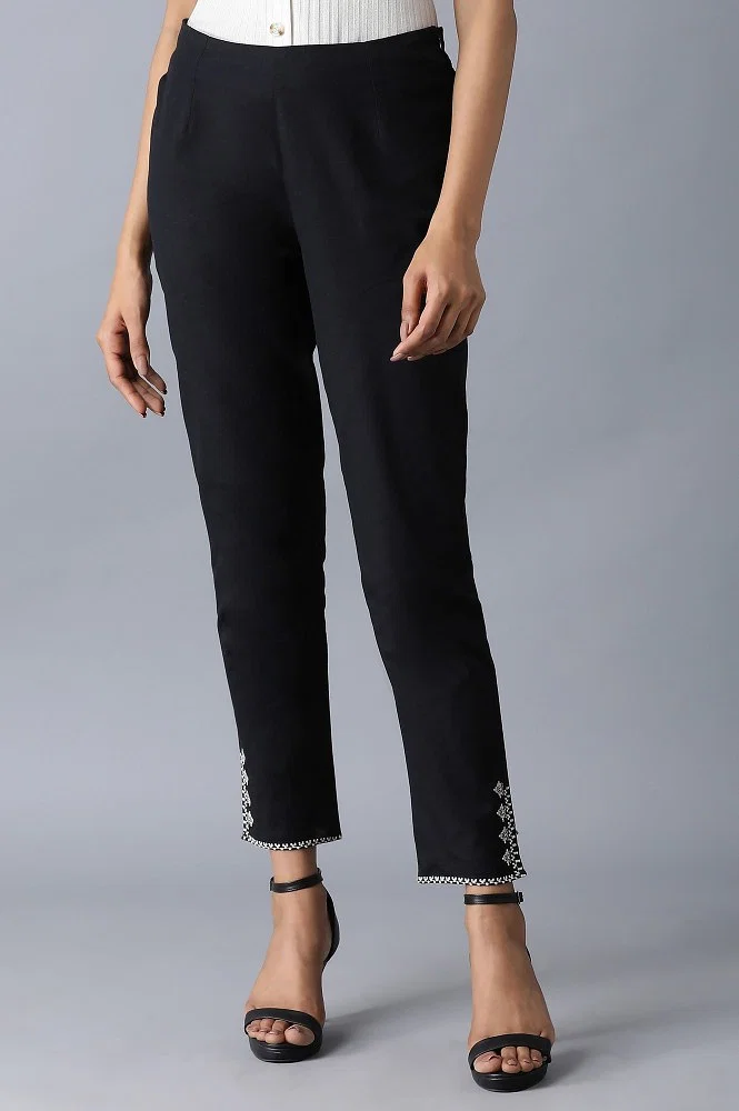 Buy Black Embroidered Straight Slim Pants Online - W for Woman