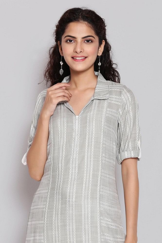 Buy KIPEK Women's Printed Cotton Three-Quarter Sleeves Mandarin Collar  Short Tunic Kurta in Grey Color Latest Kurti Designed for Casual Function  wear Smooth in Any Occasions with Size S at Amazon.in