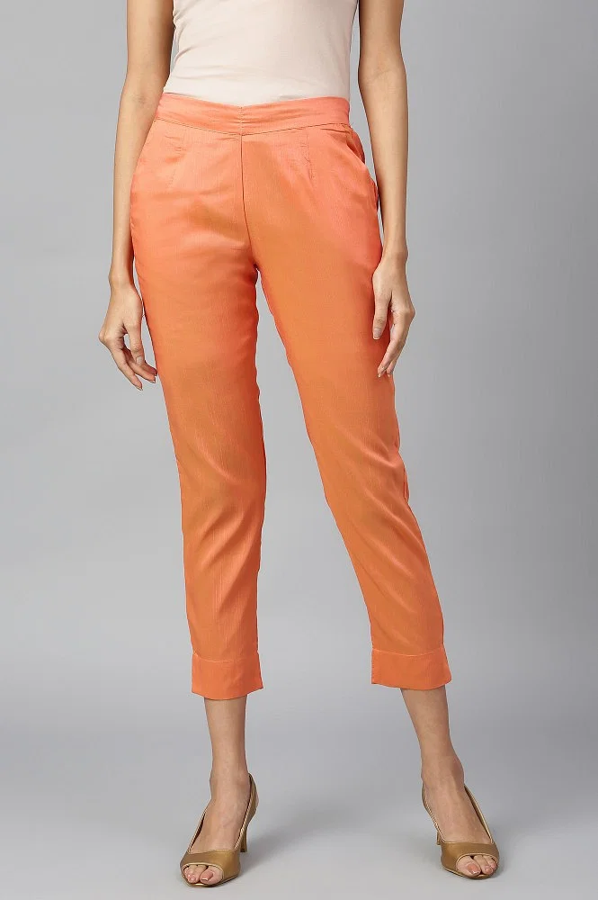 Buy Orange Solid Trousers Online - Aurelia