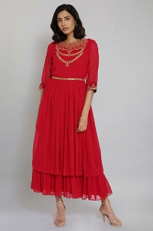 Red Embroidered Tiered Dress