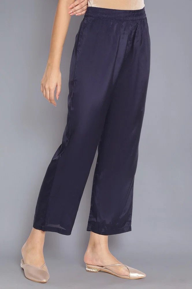 Buy Navy Blue Solid Straight Pants Online - W for Woman