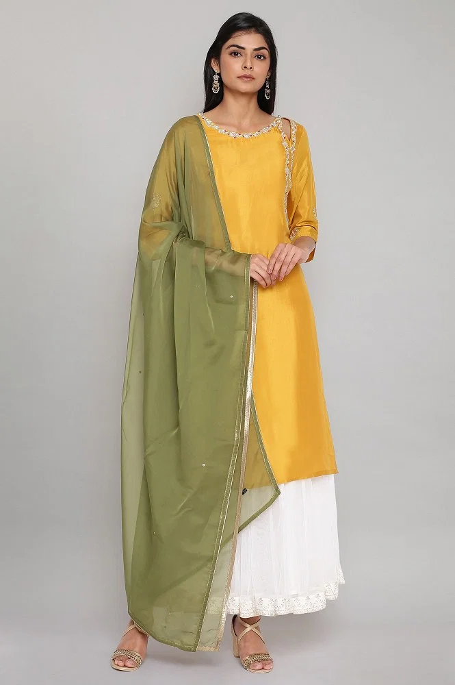 Buy Olive Green Solid Organza Dupatta Online - W for Woman