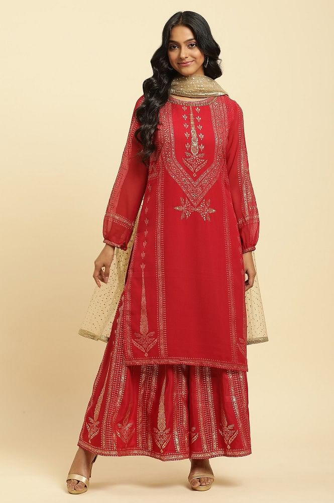 Functional Wear Georgette Base Red Designer Sharara Suit With Digital Print  – Kaleendi