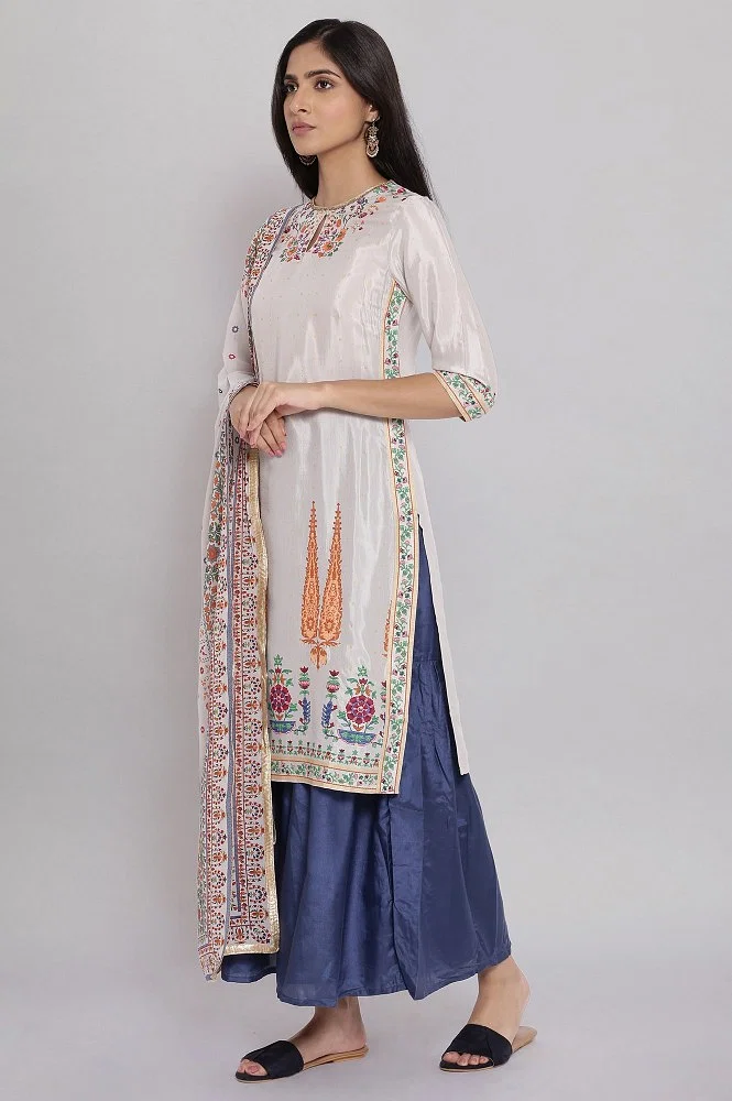 Grey Multi Floral Digital Printed Straight Kurta set