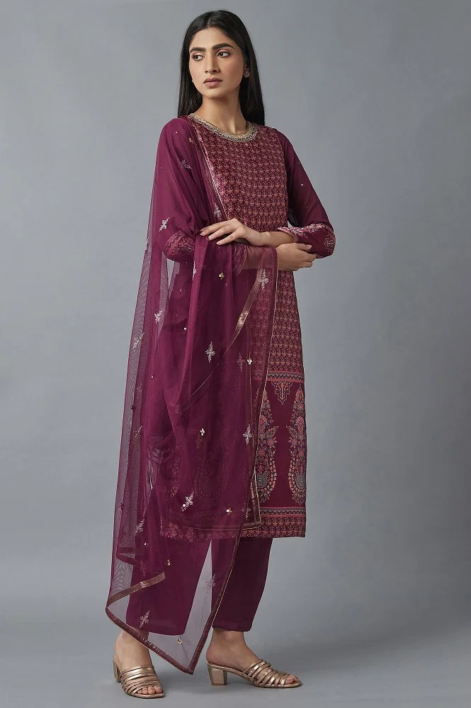 Buy W Women Plus Size Purple Floral Printed Kurta & Leggings With Dupatta  Online at Best Price