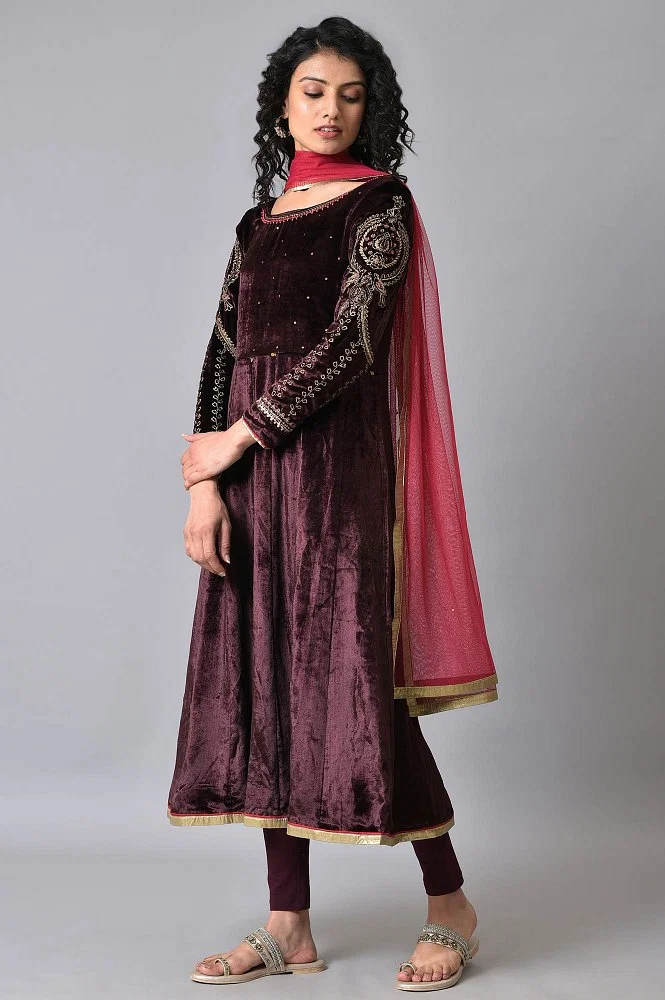 Buy Purple Velvet Anarkali-tights-dupatta Set Online - Shop for W
