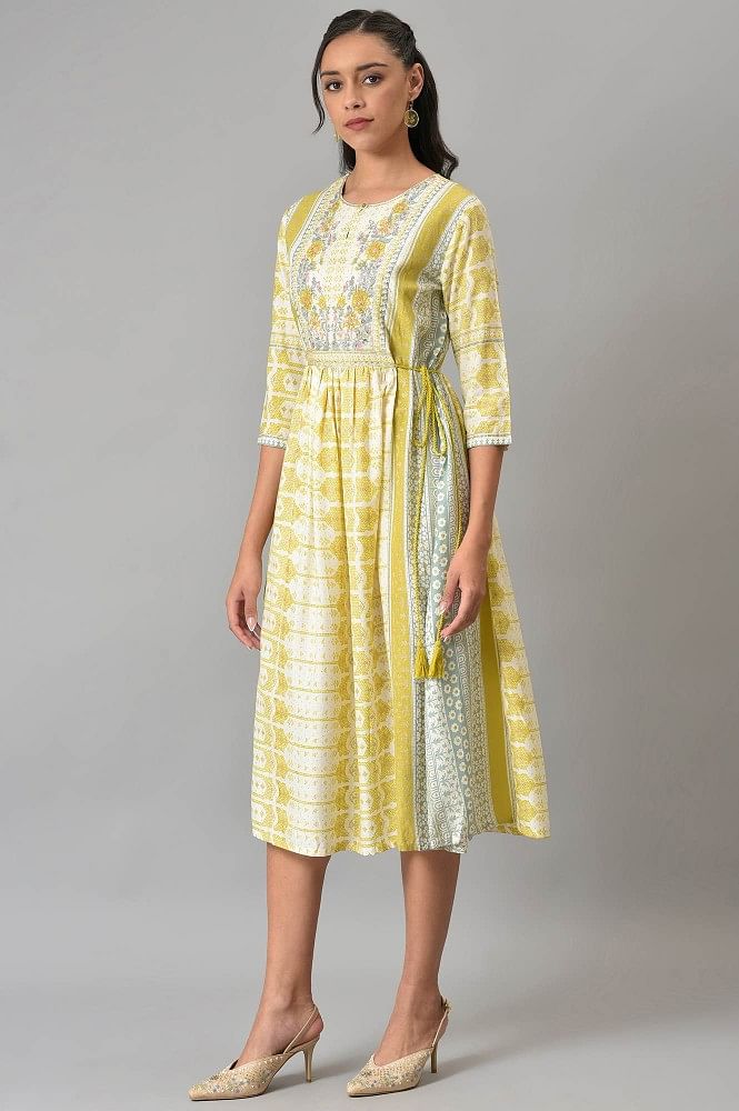 Buy Ecru Gathered Dress With Soft Multi-coloured Prints Online