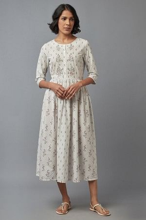 Buy Ecru Gathered Dress With Embroidery Online - W for Woman