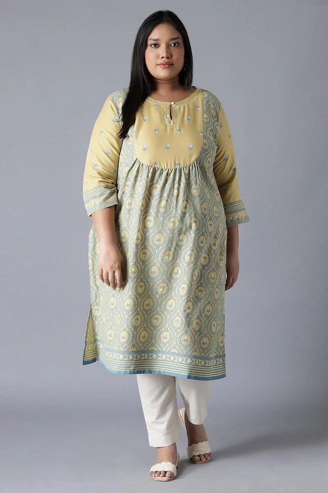 Buy Pale Yellow And Stone Blue Kurta Online - W for Woman