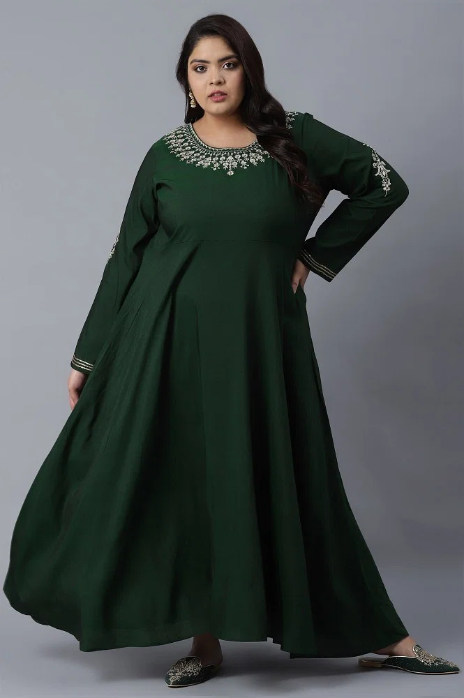 Bottle Green Dress with Embroidery