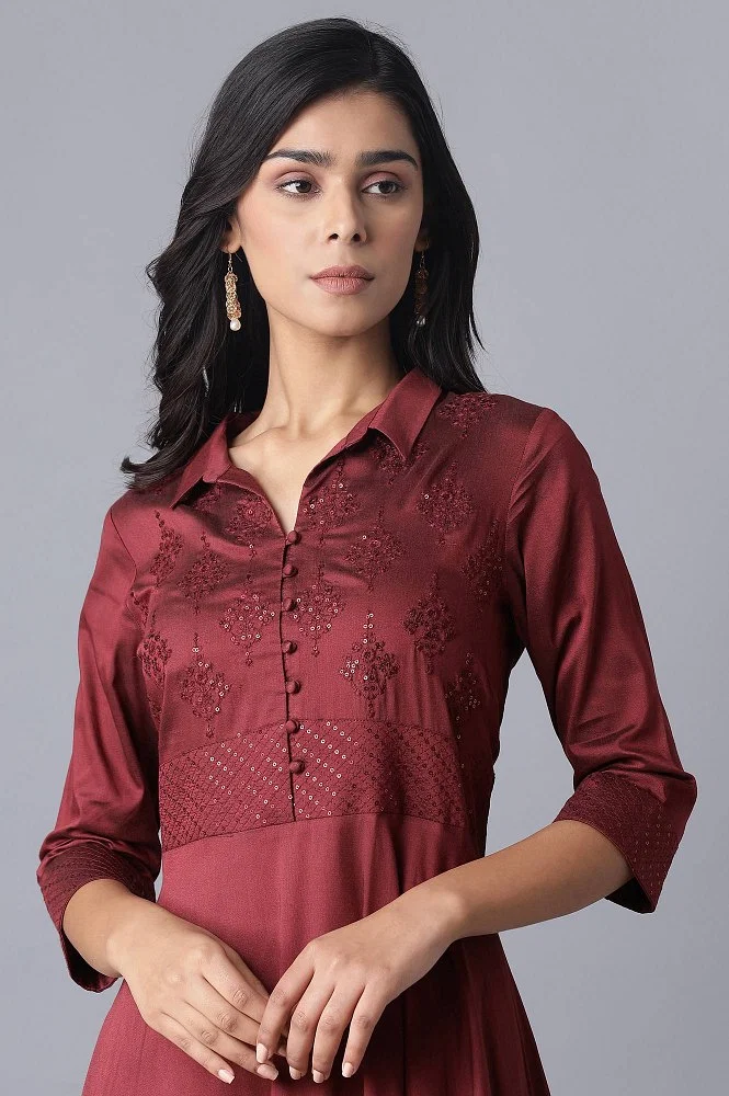 Red Embroidered Flared Shirt Dress
