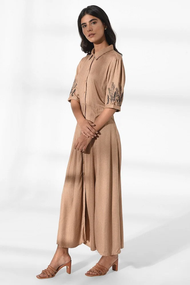 Buy Tan Brown Shirt Dress With Embroidery Online - W for Woman