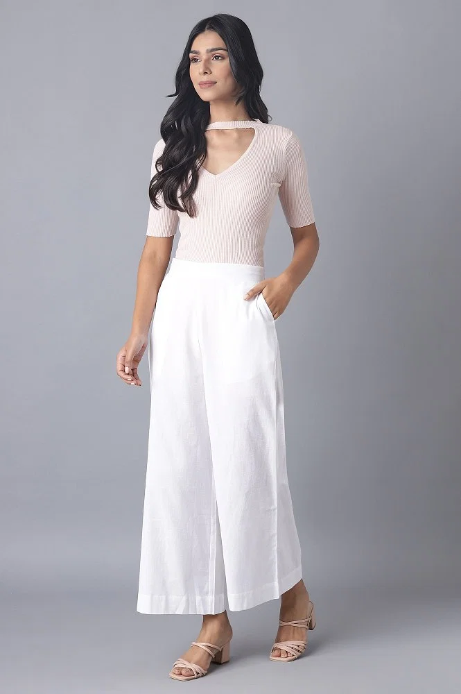 Buy online White Solid Relaxed Fit Straight Laced Hem Palazzo from bottom  wear for Women by Valles365 By S.c. for ₹700 at 65% off