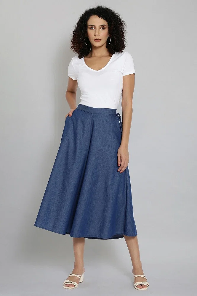 Women's Blue Viscose Culotte Skirt with Elasticated Waistband - NOBLA Size  T.U. (from S to XL)