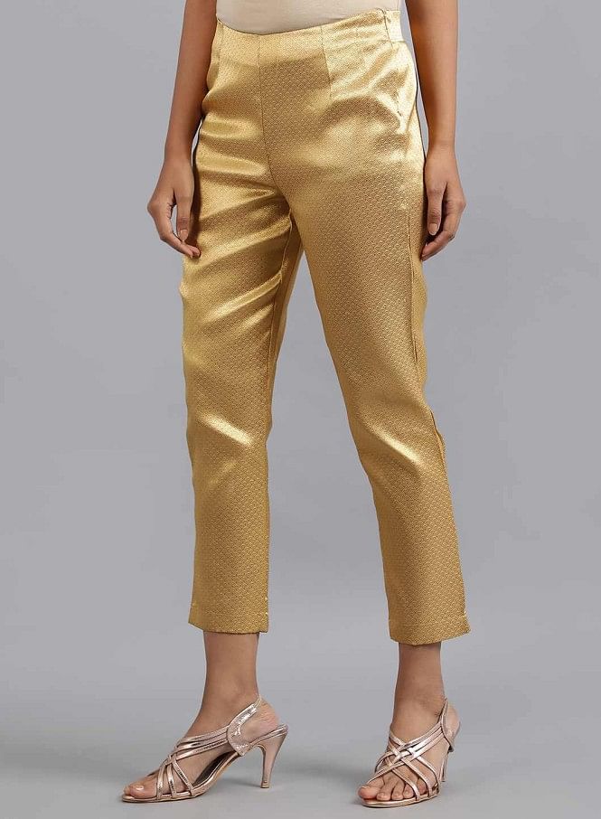 Buy Go Colors Women Medium Solid Mid Rise Metallic Pants - Beige Online