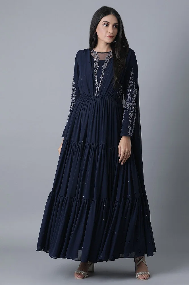 Dholiwal Fashion Women Gown Dark Blue, Grey Dress - Buy Dholiwal Fashion Women  Gown Dark Blue, Grey Dress Online at Best Prices in India