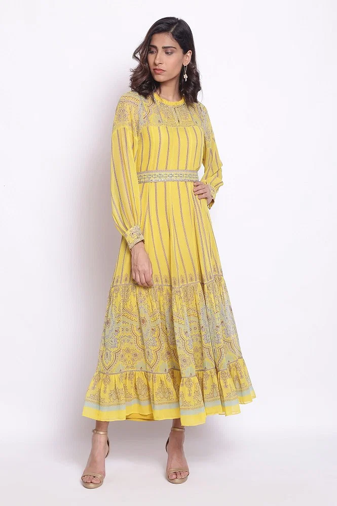 Soft Yellow Flared dress with Braided belt - S