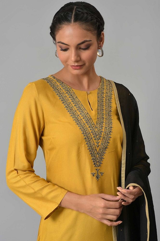 Embroidery and mirror work Mustard Yellow stylish kurti with Patiala Salwar  and Dupatta