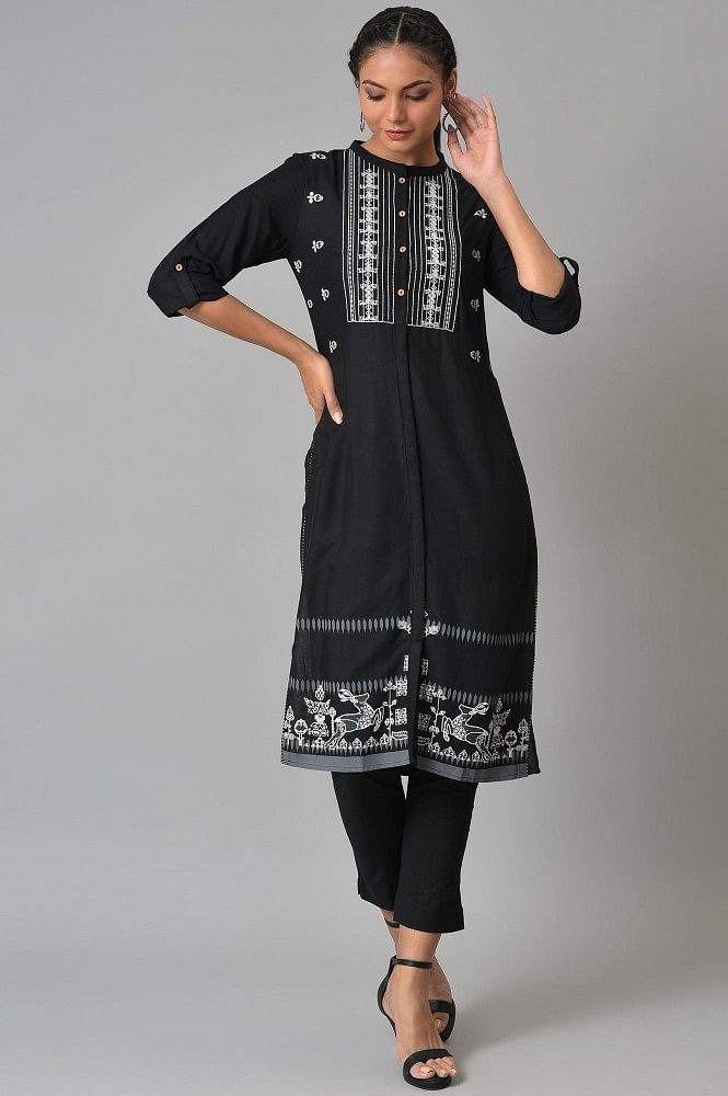 Black Kurta with Highlighted Collar and Pants – Curato