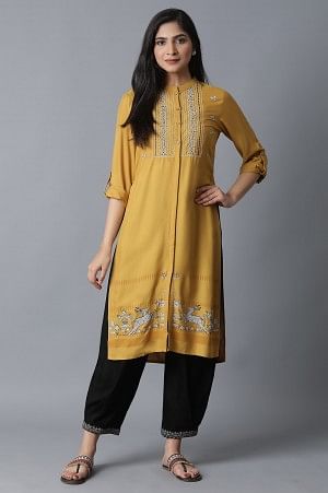 Yellow Embroidered and Printed Shirt Kurta
