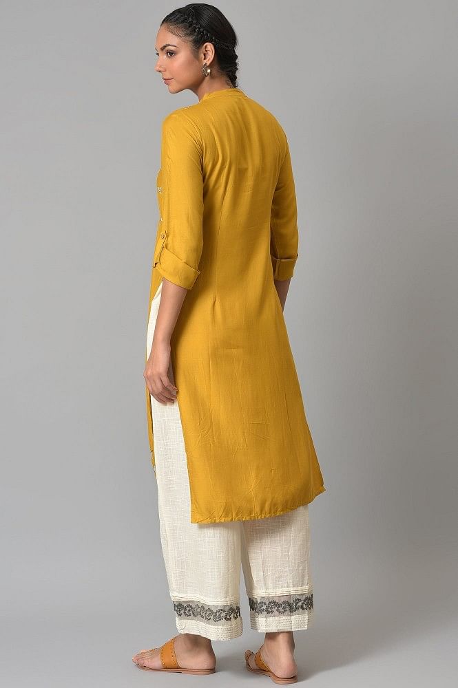 Yellow Silk A-line Kurta & White Cotton Pants - ZERESOUQ.COM