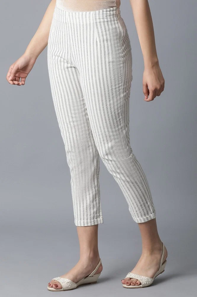 Buy Women White Stripe Formal Slim Fit Trousers Online - 740038