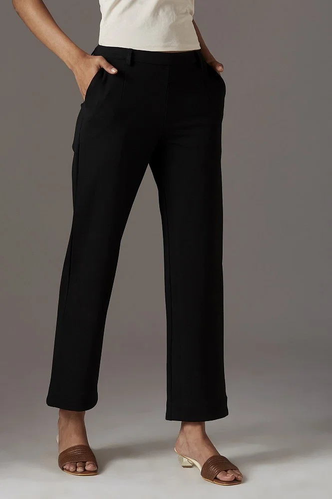 Black Solid Straight Pants