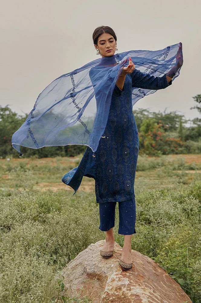 Ajrakh Blue Printed Modal Silk Top Cowl Neck