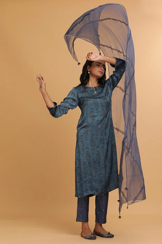 Ajrakh Blue Printed Modal Silk Top Cowl Neck