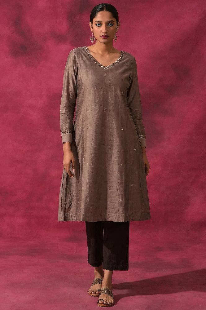 Buy Dark Rust Cotton Silk Blend Jacquard Semi Stitch Kurti & Dupatta Set  Online | Shingora