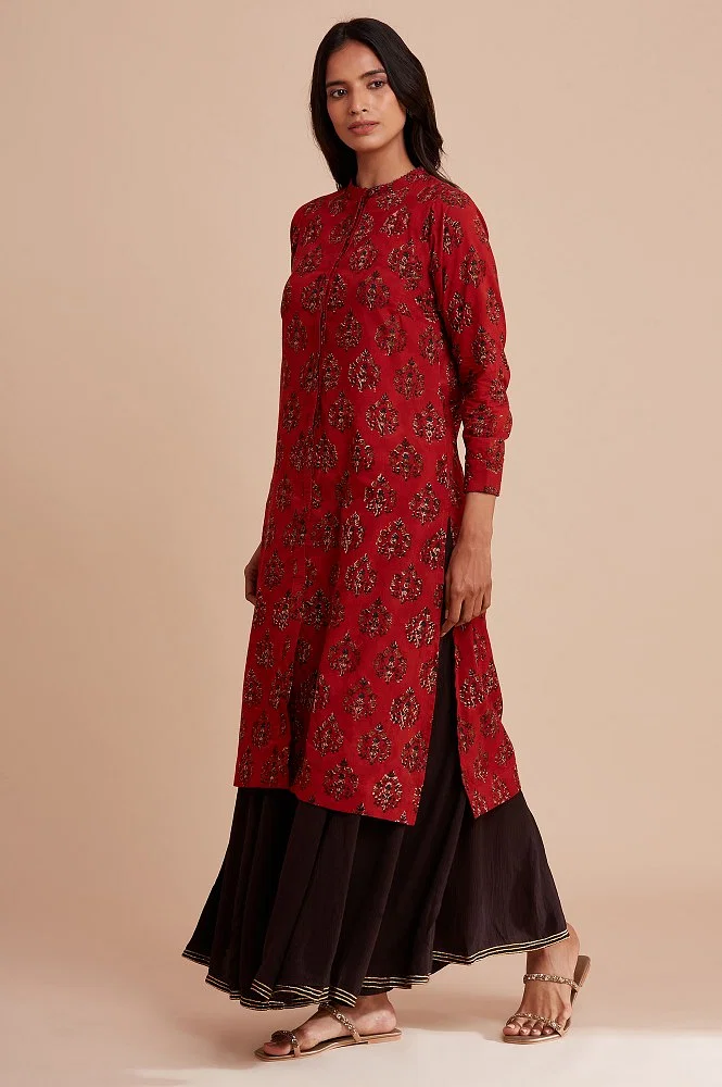 Red Flared Dress in Hand Block Print