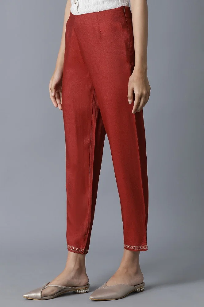 Buy Dark Red Solid Slim Pants Online - W for Woman