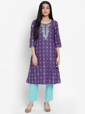 Purple Embroidered Mughal Print A line Kurta Trousers Set