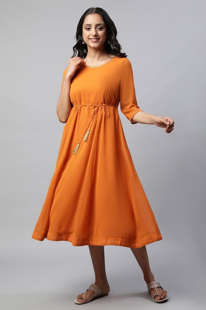 Party Wear Orange Color Shibori Print With Embroidered Gown