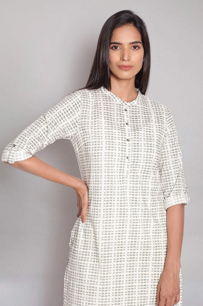 Buy Ecru Geometric Print Kurta In Mandarin Collar Online - W for Woman