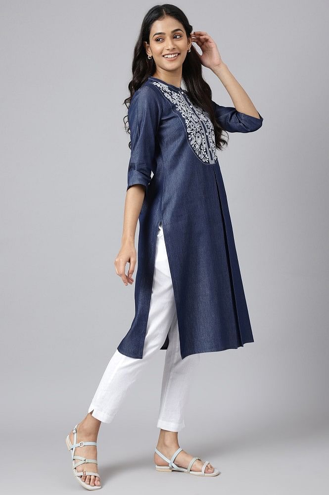 Buy online Navy Blue Embellished Straight Kurti from Kurta Kurtis for Women  by Jc4u for ₹529 at 59% off | 2023 Limeroad.com