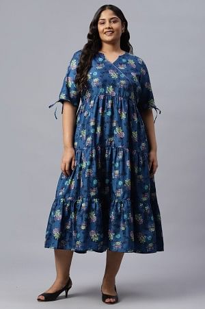 Buy Dark Blue Floral Printed Plus Size Dress Online - Aurelia