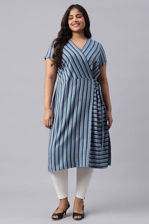 Blue Stripe Cotton Plus Size Kurta with Side Buckle