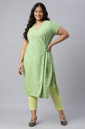 Green  Stripe Cotton Plus Size Kurta with Side Buckle