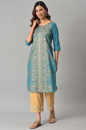 Green Floral Printed Sequined Ethnic Kurta